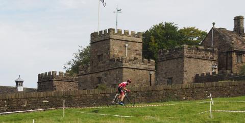 Red Rose Rider in front of Hoghton Tower